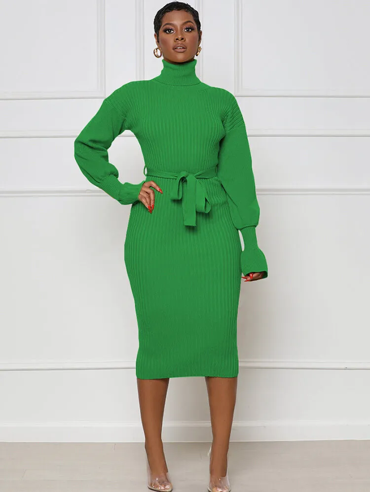 High Neck Long Sleeve Solid Midi Dreses