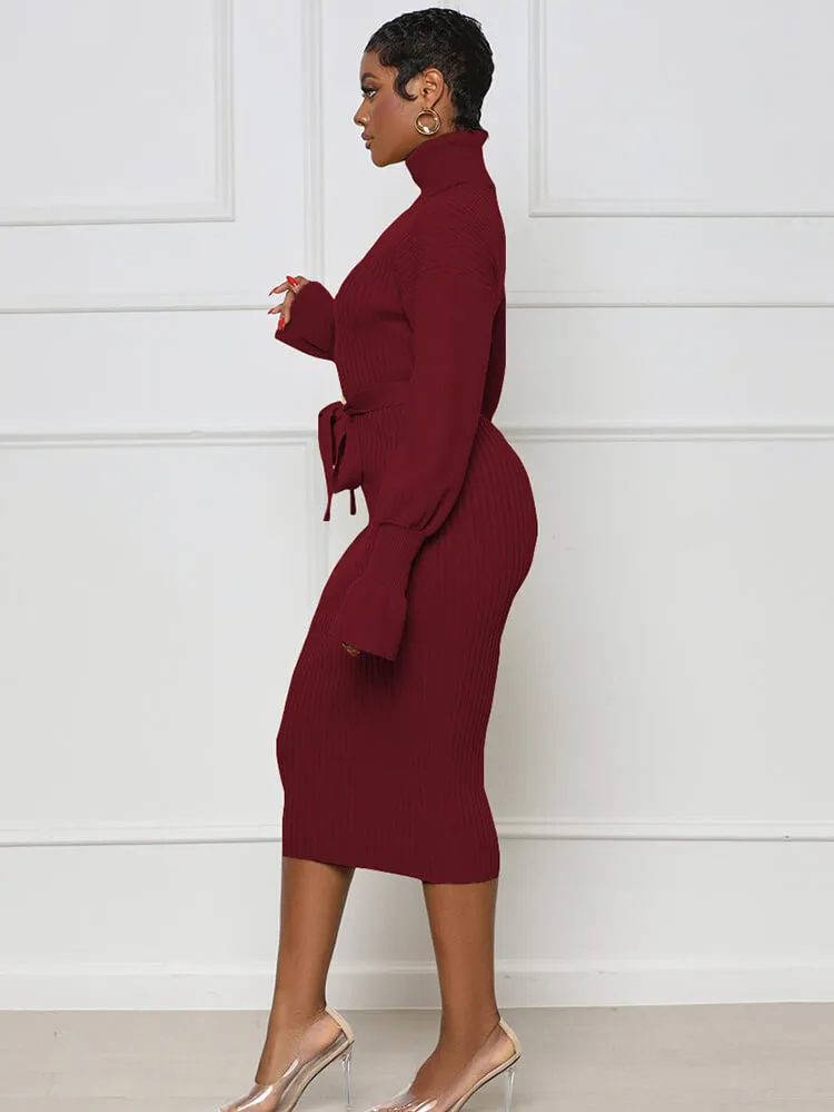 High Neck Long Sleeve Solid Midi Dreses