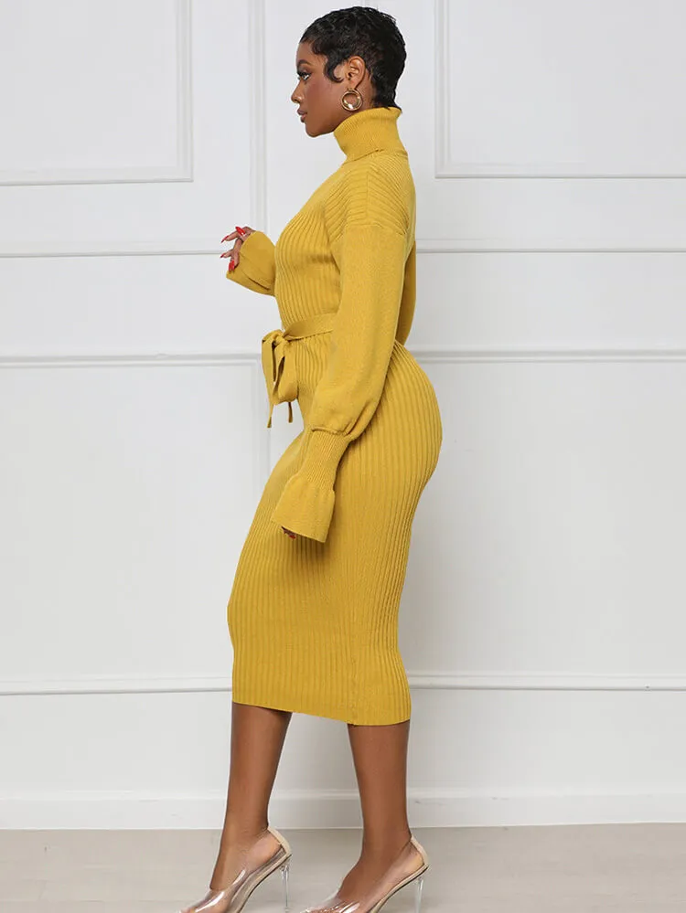 High Neck Long Sleeve Solid Midi Dreses