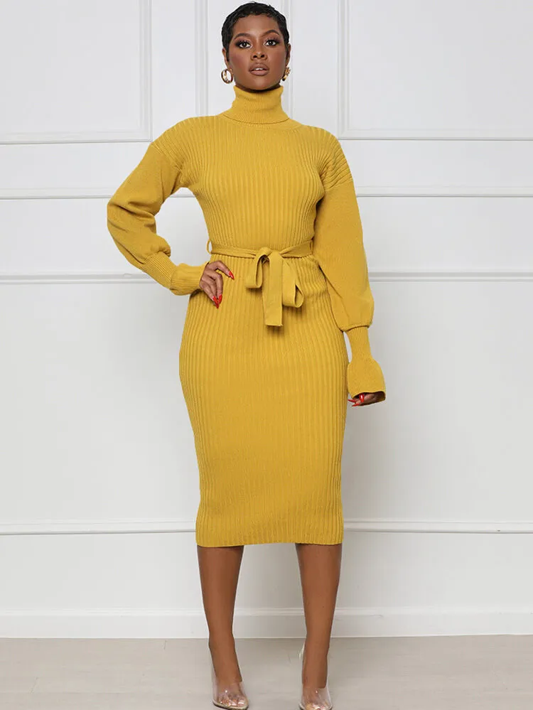 High Neck Long Sleeve Solid Midi Dreses