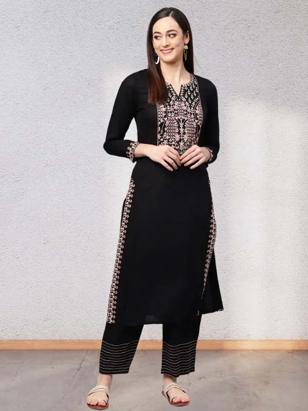 Idalia Embroidered Black Kurta With Palazzo Pants