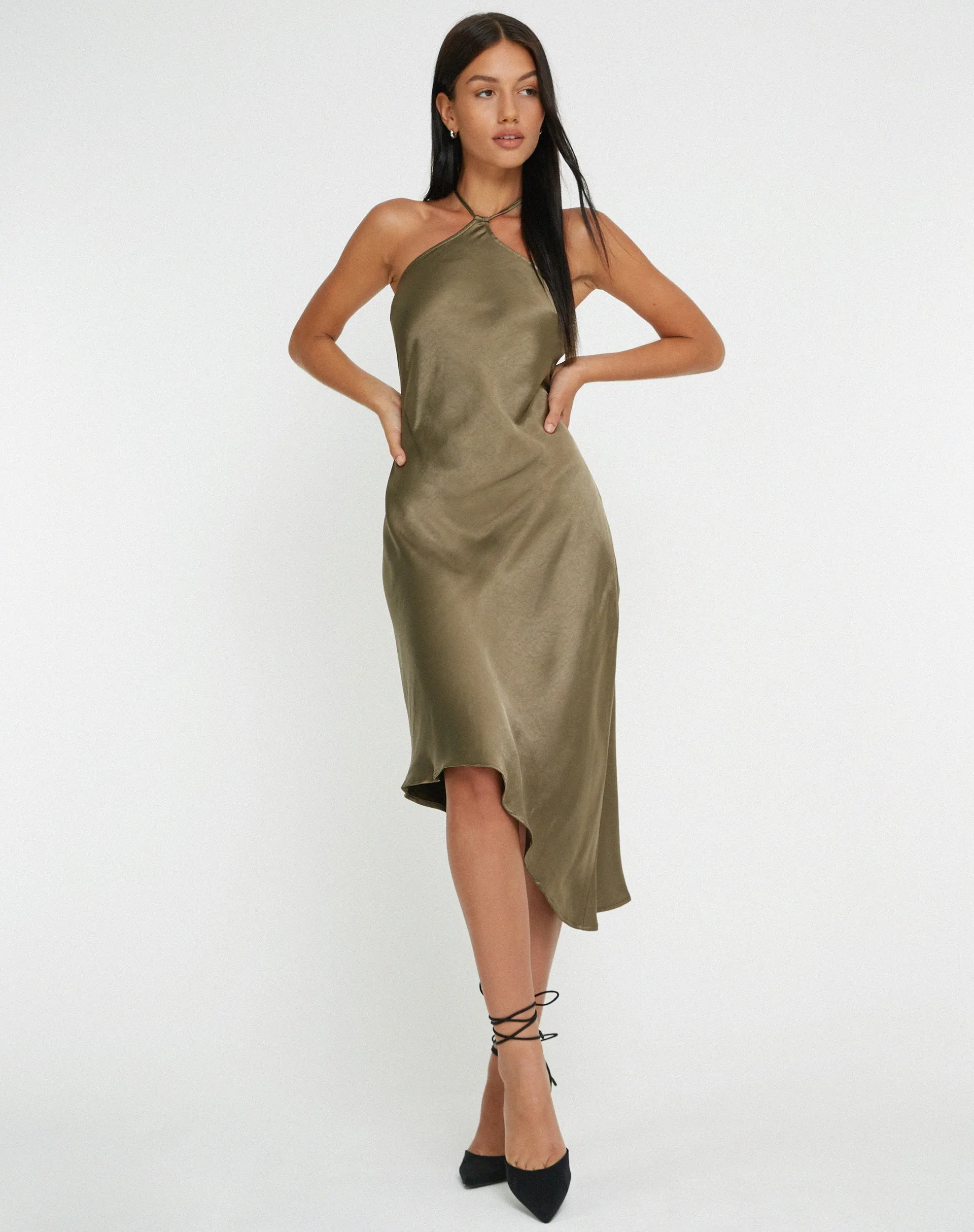 Kimora Midi Dress in Satin Dark Olive