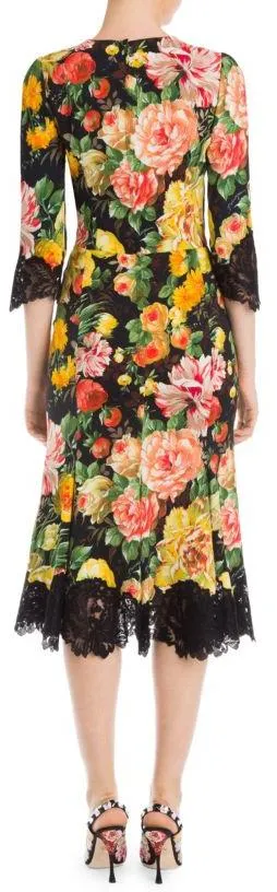 Lace-Trim Half-Sleeve Floral-Print Cady Midi Dress