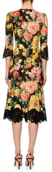 Lace-Trim Half-Sleeve Floral-Print Cady Midi Dress