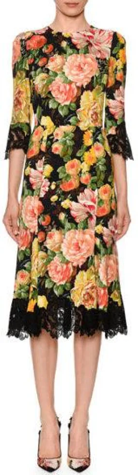 Lace-Trim Half-Sleeve Floral-Print Cady Midi Dress