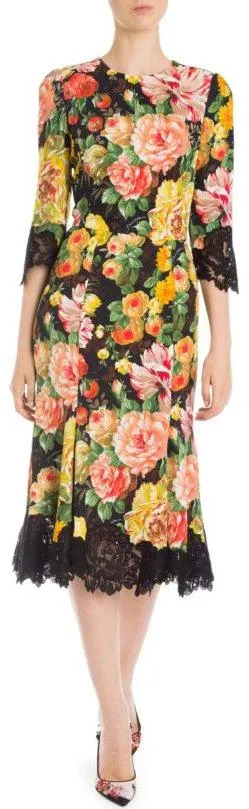 Lace-Trim Half-Sleeve Floral-Print Cady Midi Dress