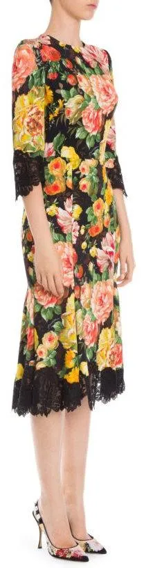 Lace-Trim Half-Sleeve Floral-Print Cady Midi Dress