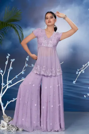 Lilac Sheer Embroidered Italian Silk Palazzo Set