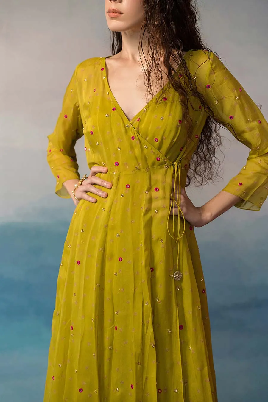 Lime Embroidered Angrakha And Palazzo Set