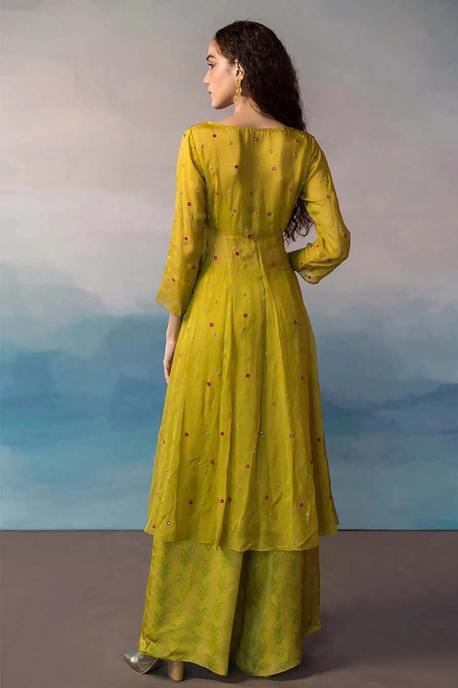 Lime Embroidered Angrakha And Palazzo Set