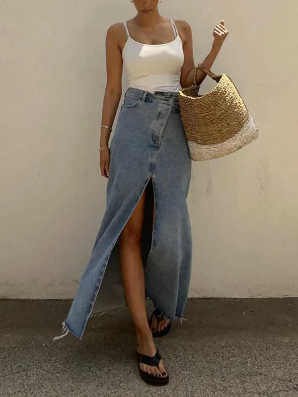 Loose Fringed Split-Front Denim Skirts Bottoms