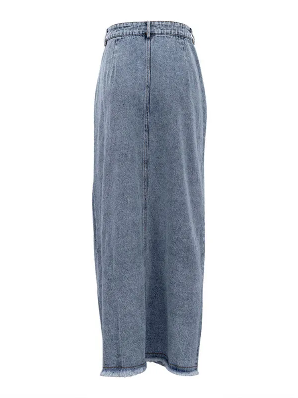 Loose Fringed Split-Front Denim Skirts Bottoms