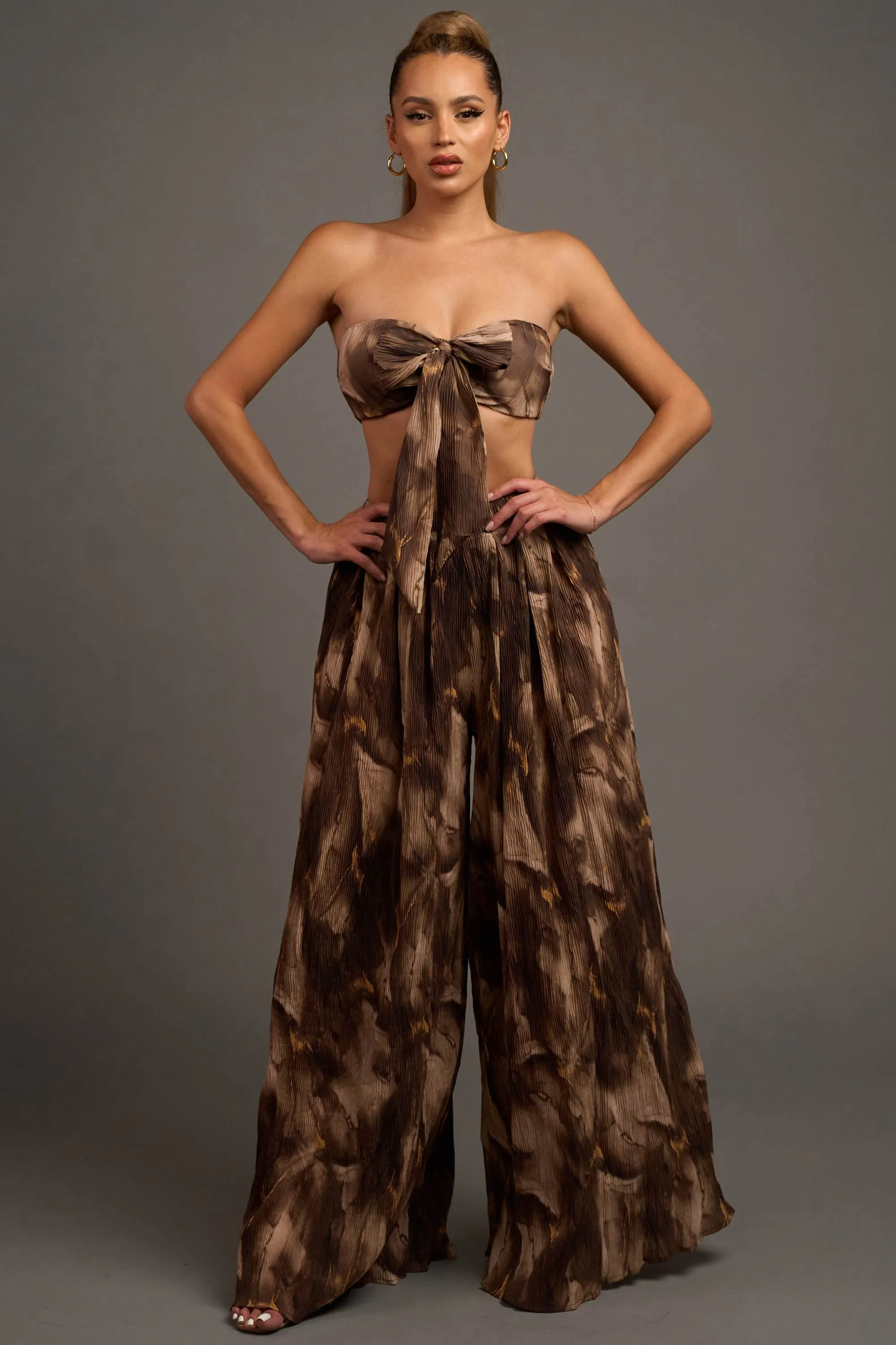 LUXE MARBLE PRINT PLEATED TUBE TOP & PANTS SET