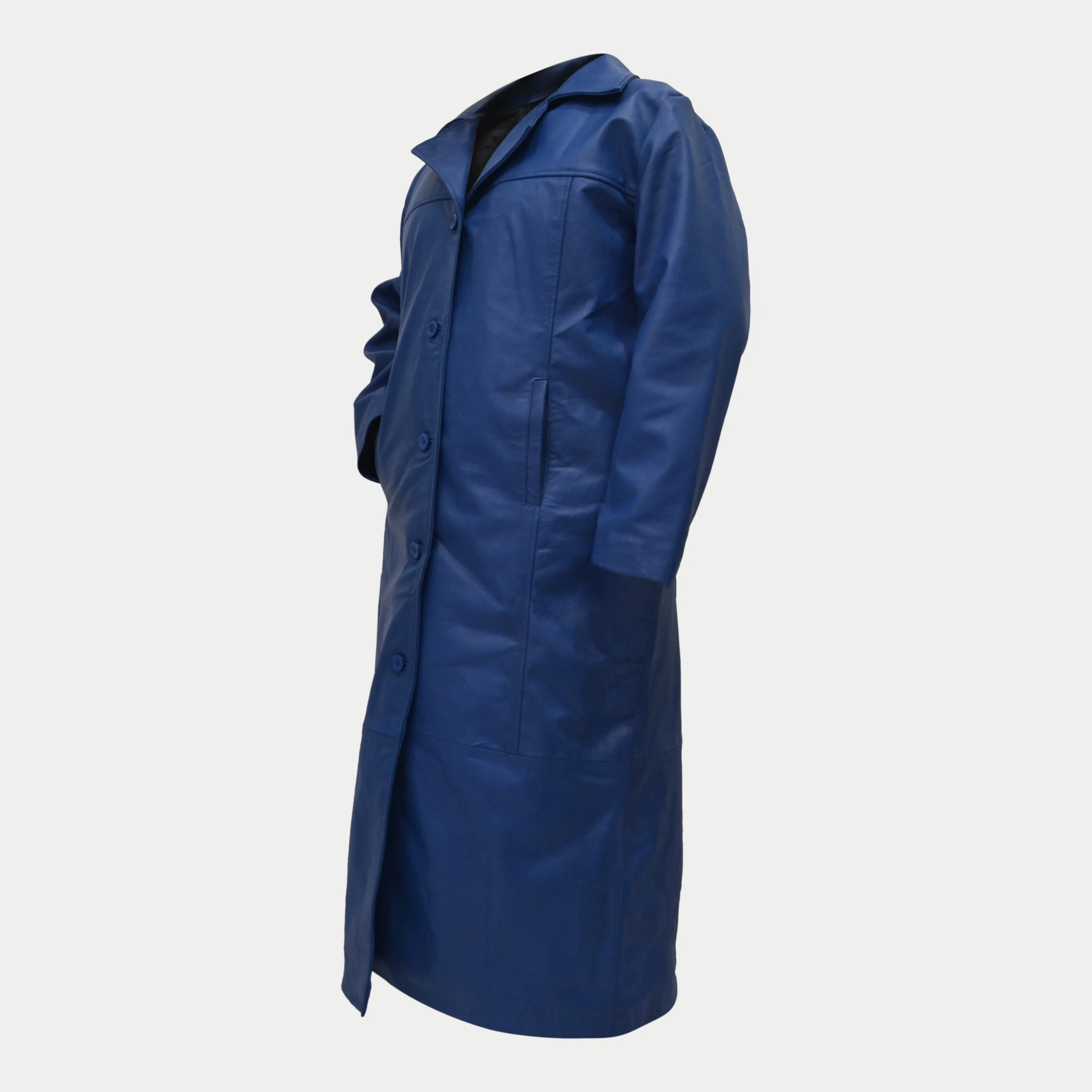 Men's Blue Long Genuine Leather Buttoned Casual Trench Coat