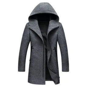 Mens Wool Zip Hooded Trench Coat