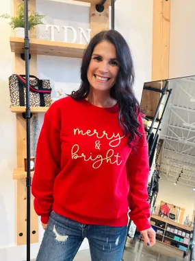 Merry & Bright Embroidered Sweatshirt - Red with Gold Thread