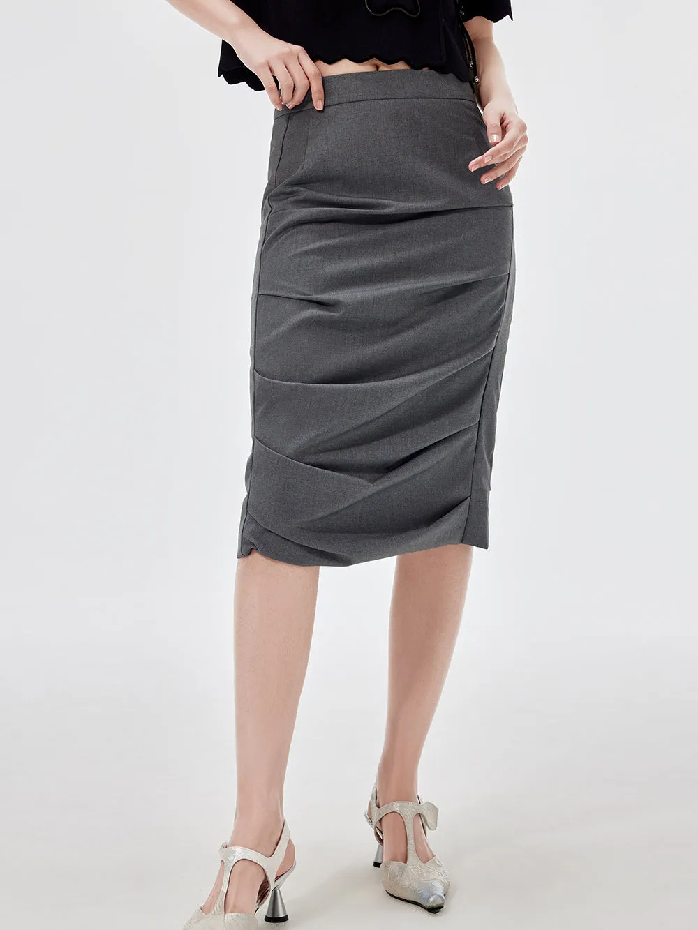 MUKZIN Gray Pleated Midi Skirt