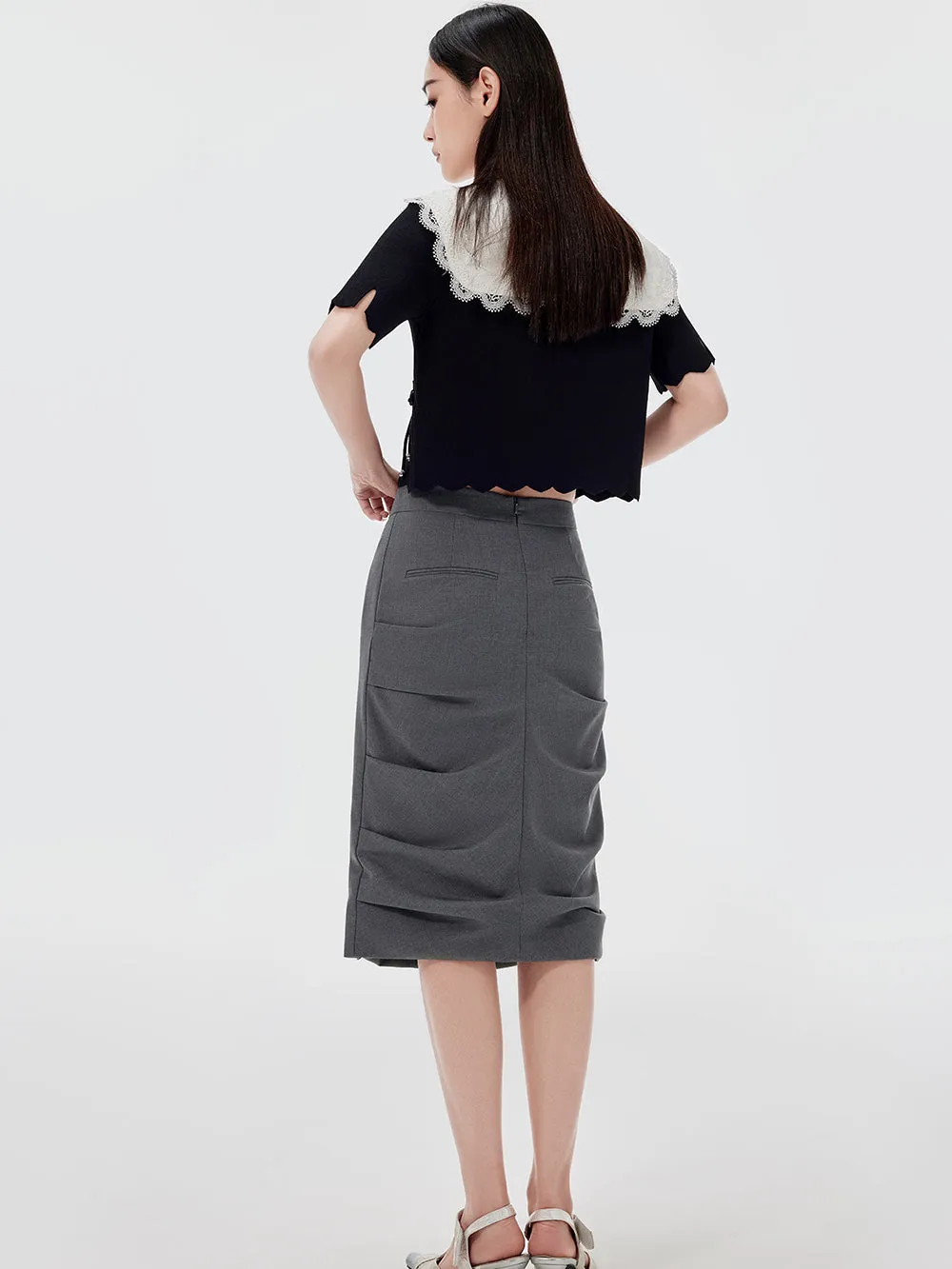 MUKZIN Gray Pleated Midi Skirt