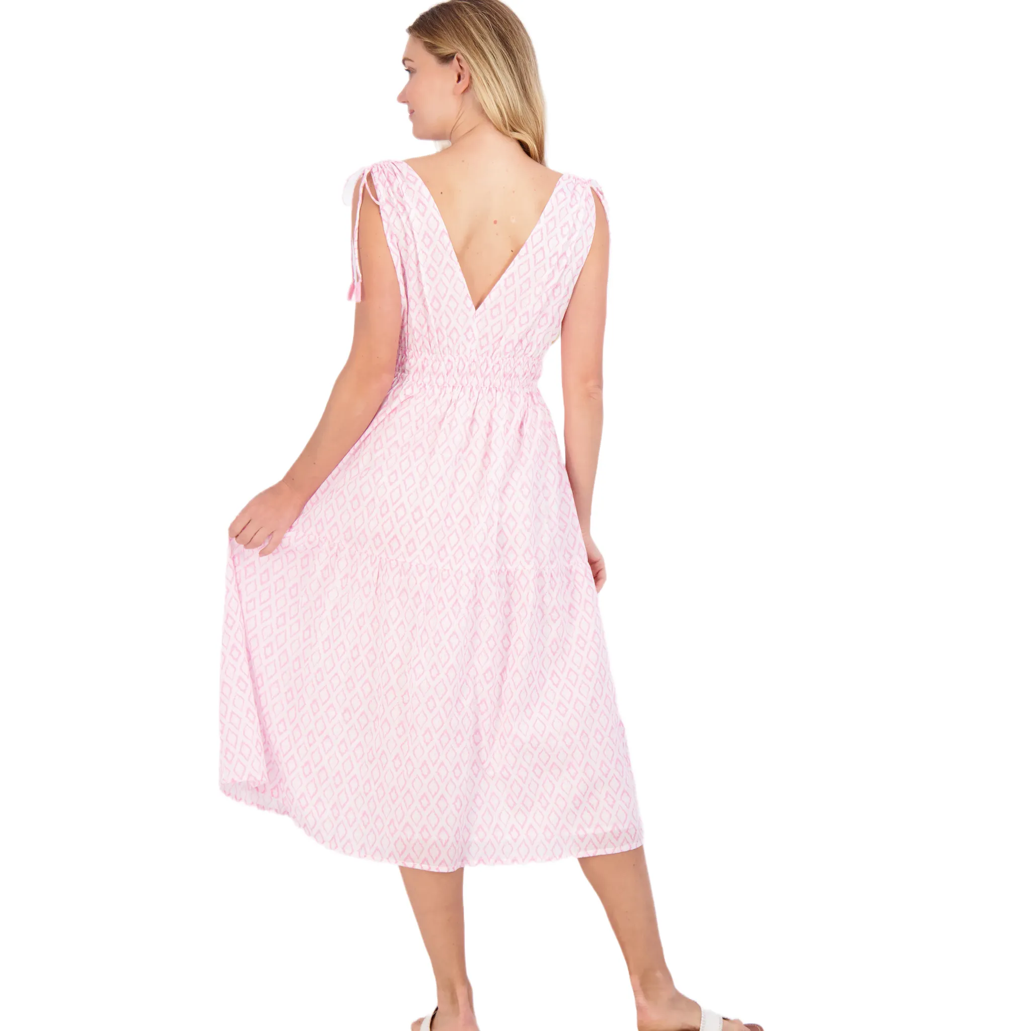 Noemie Women's Ruched Shoulder Tie Maxi Dress in Soft Pink Ikat - Size Small - BARGAIN BASEMENT ITEM