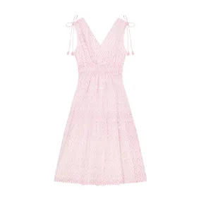 Noemie Women's Ruched Shoulder Tie Maxi Dress in Soft Pink Ikat - Size Small - BARGAIN BASEMENT ITEM