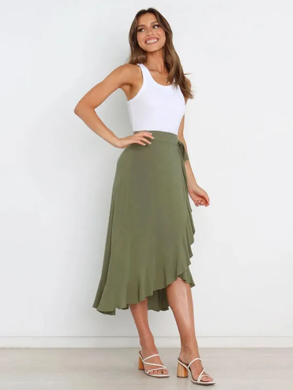 One Piece Tie Long Skirt Irregular Cover Hip Solid Color Skirt