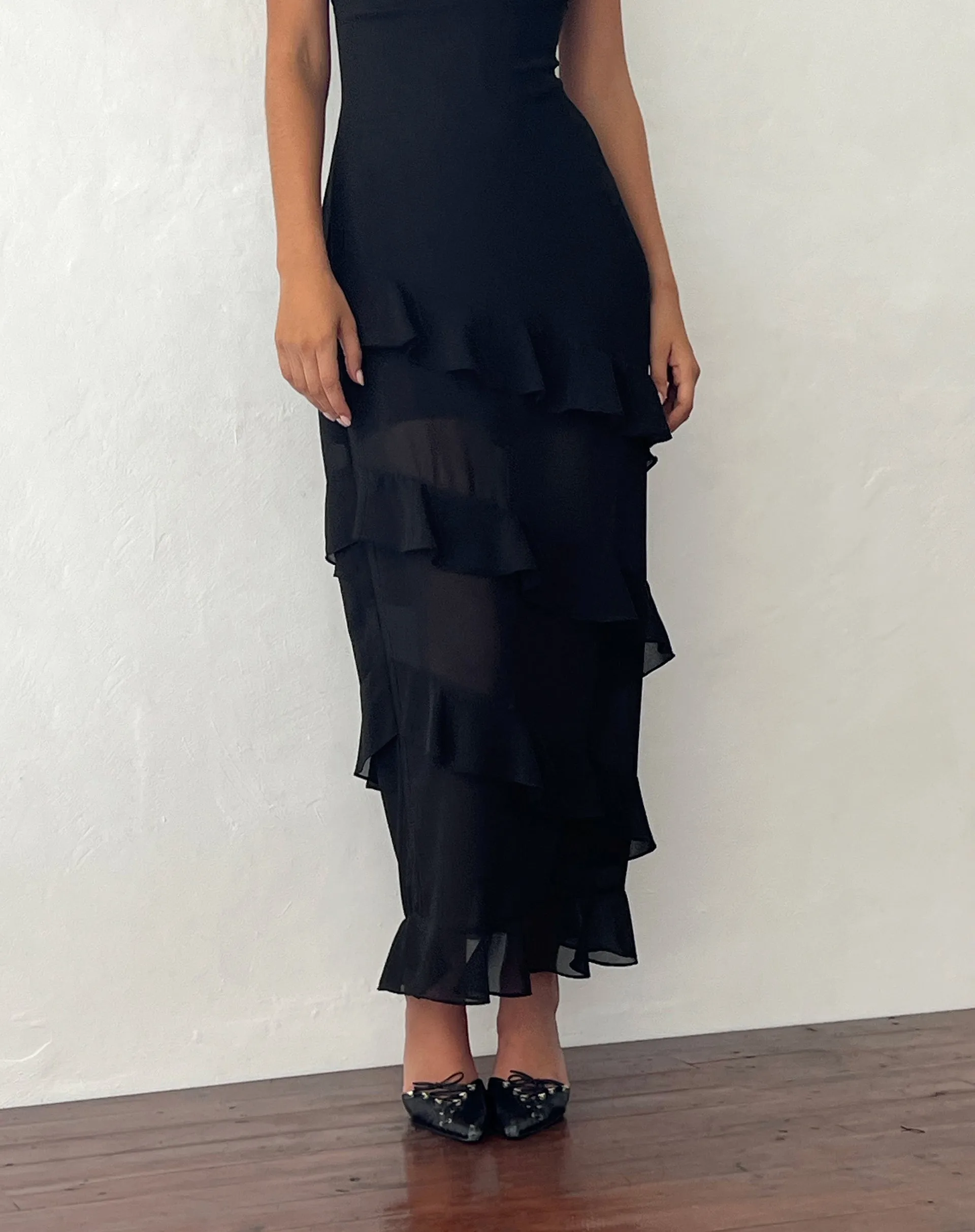 Otna Ruffle Detail Chiffon Maxi Dress in Black