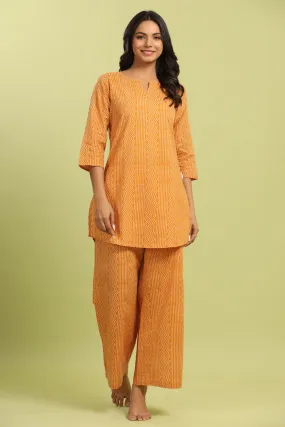 Patterned Bhandej on Cotton Mustard Palazzo Loungewear Set