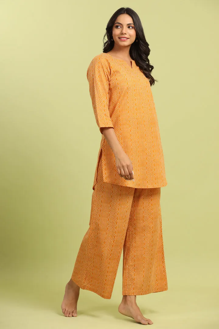 Patterned Bhandej on Cotton Mustard Palazzo Loungewear Set