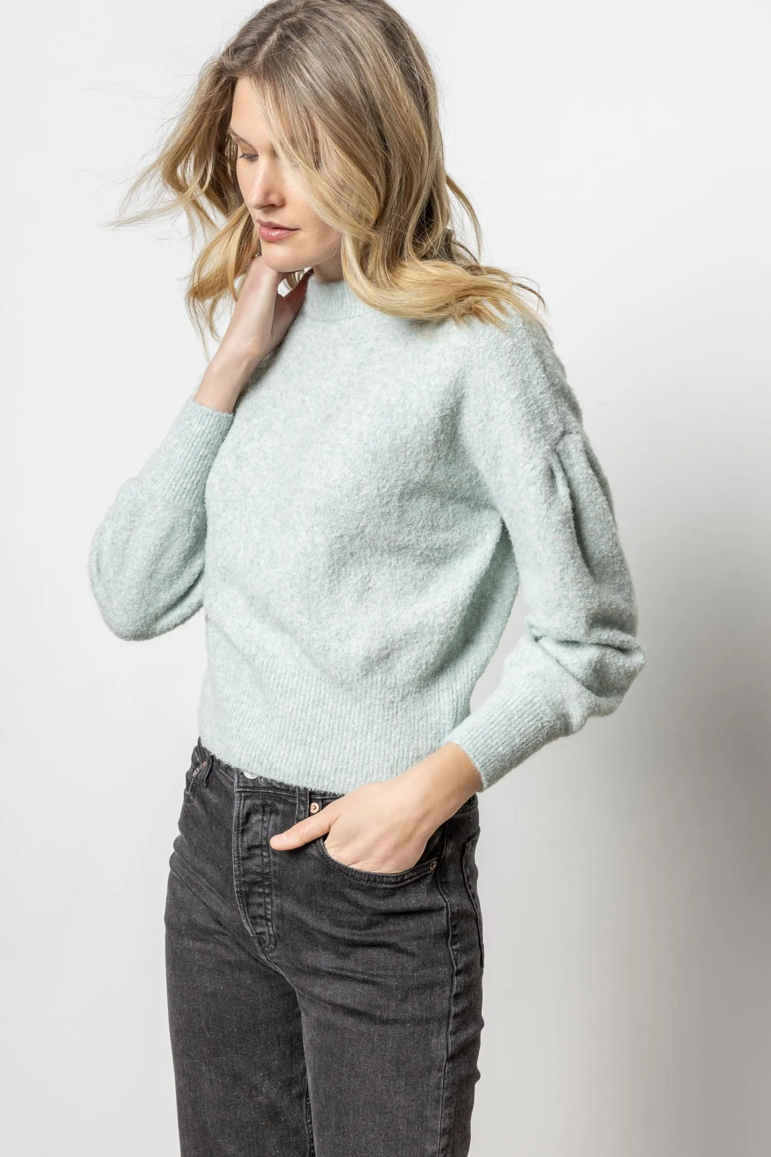 Pleated Sleeve Crewneck Sweater