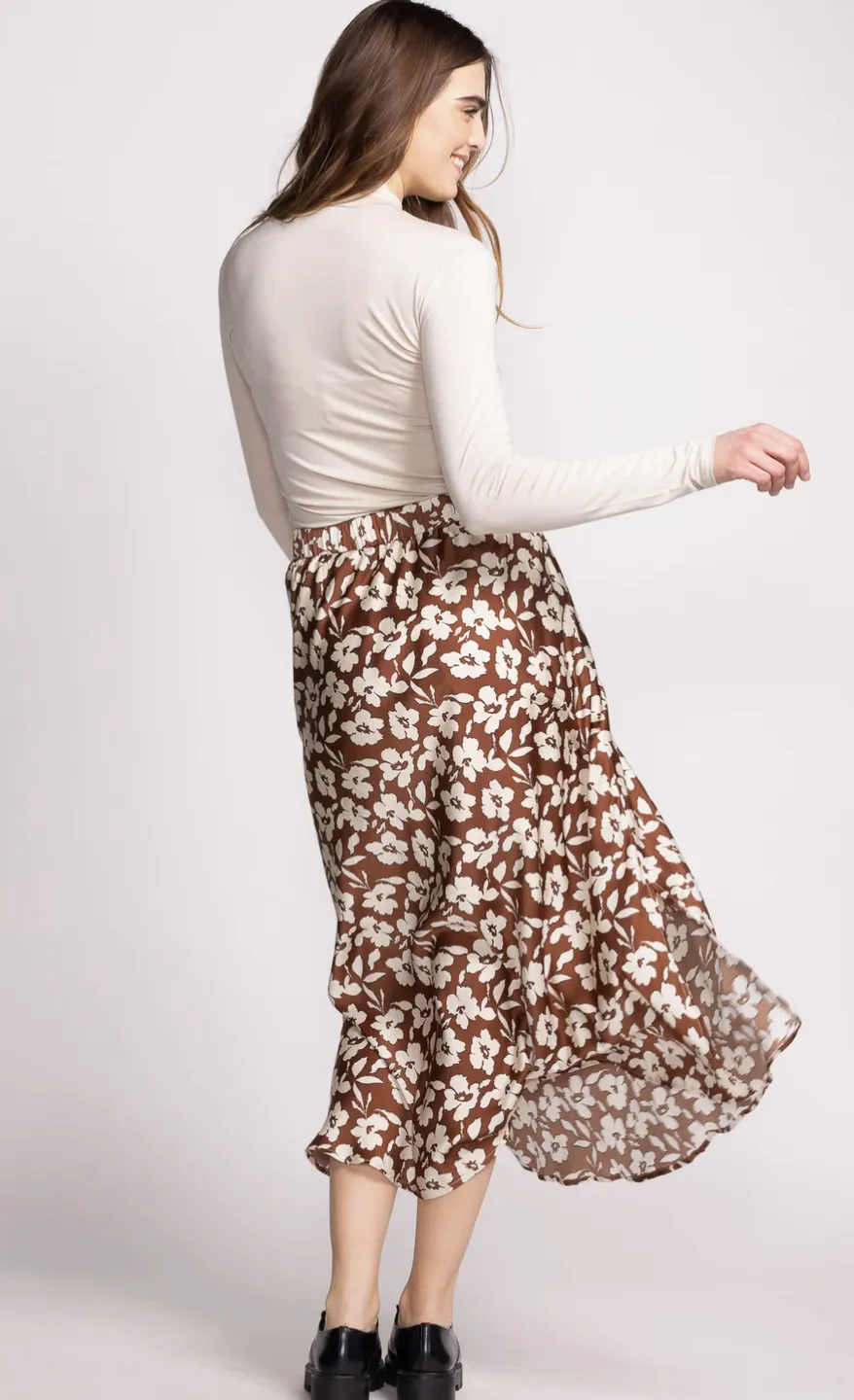 PM Floral Midi Skirt-Brown