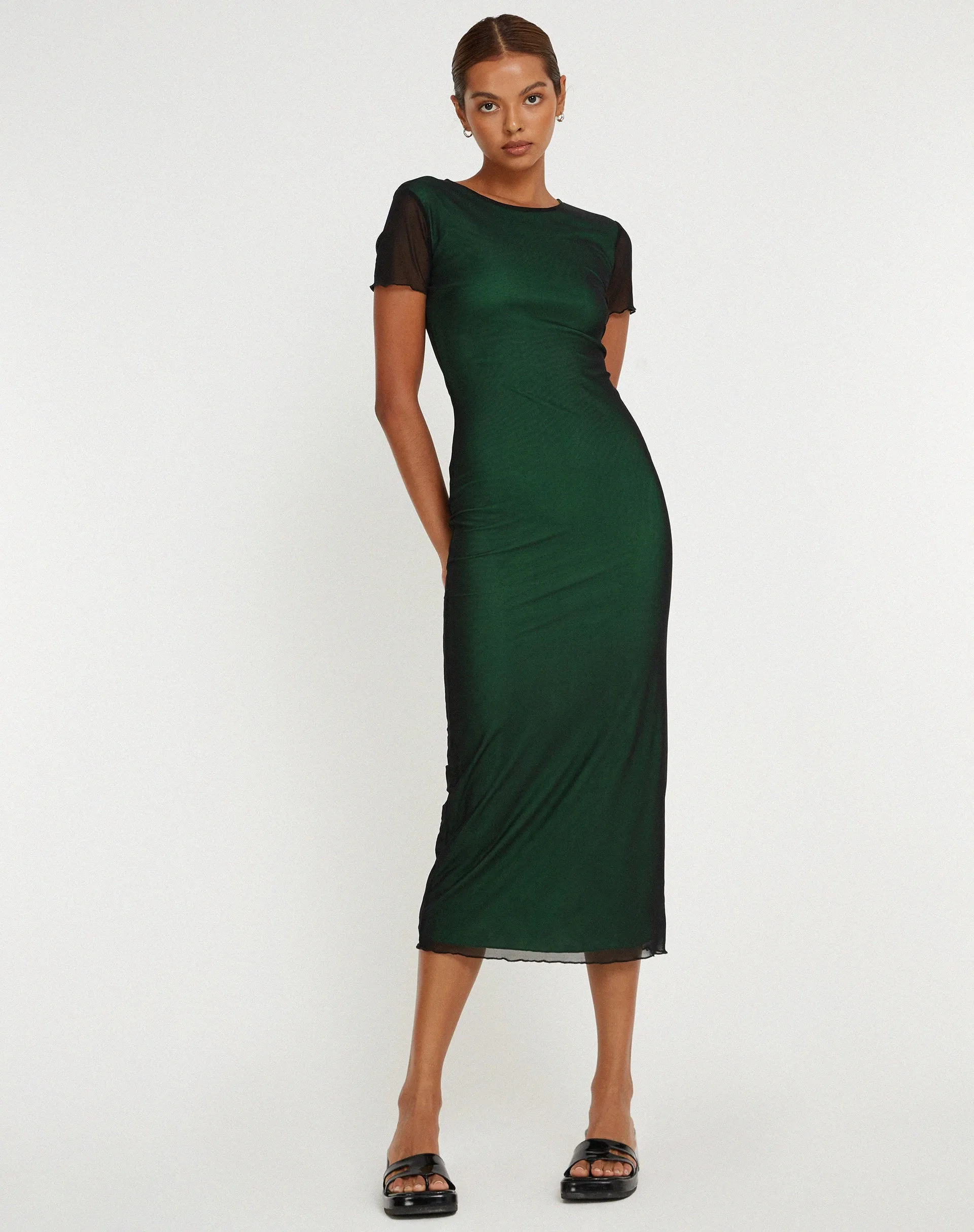 Roska Midi Dress in Black with Vibrant Green Lining