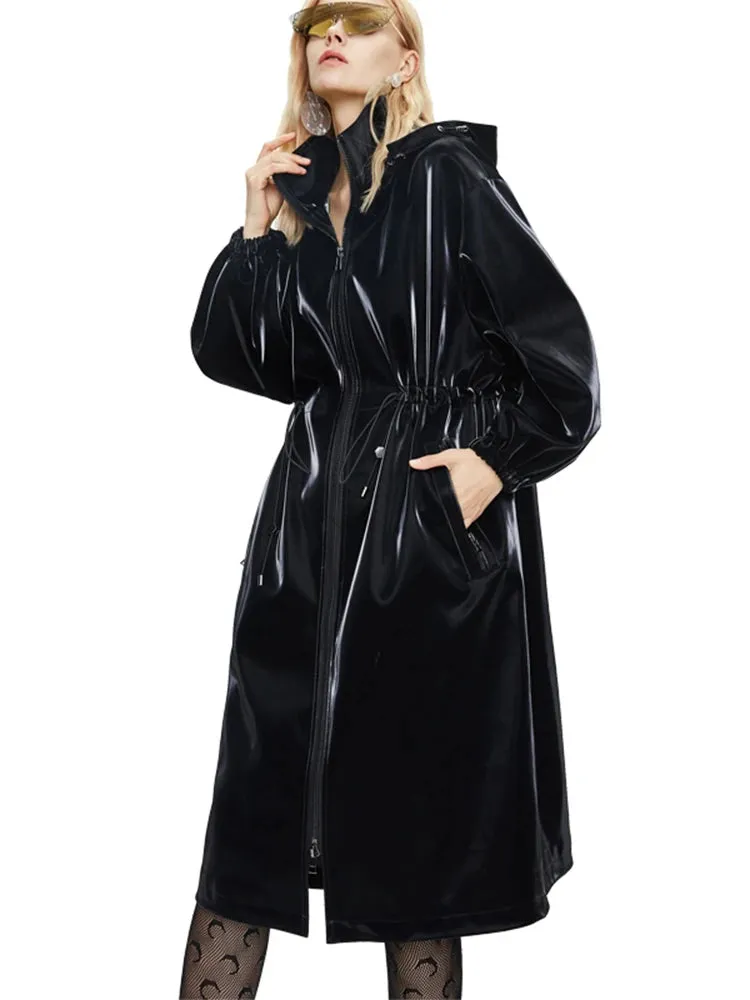 Shiny Patent Pu Leather Trench Coat