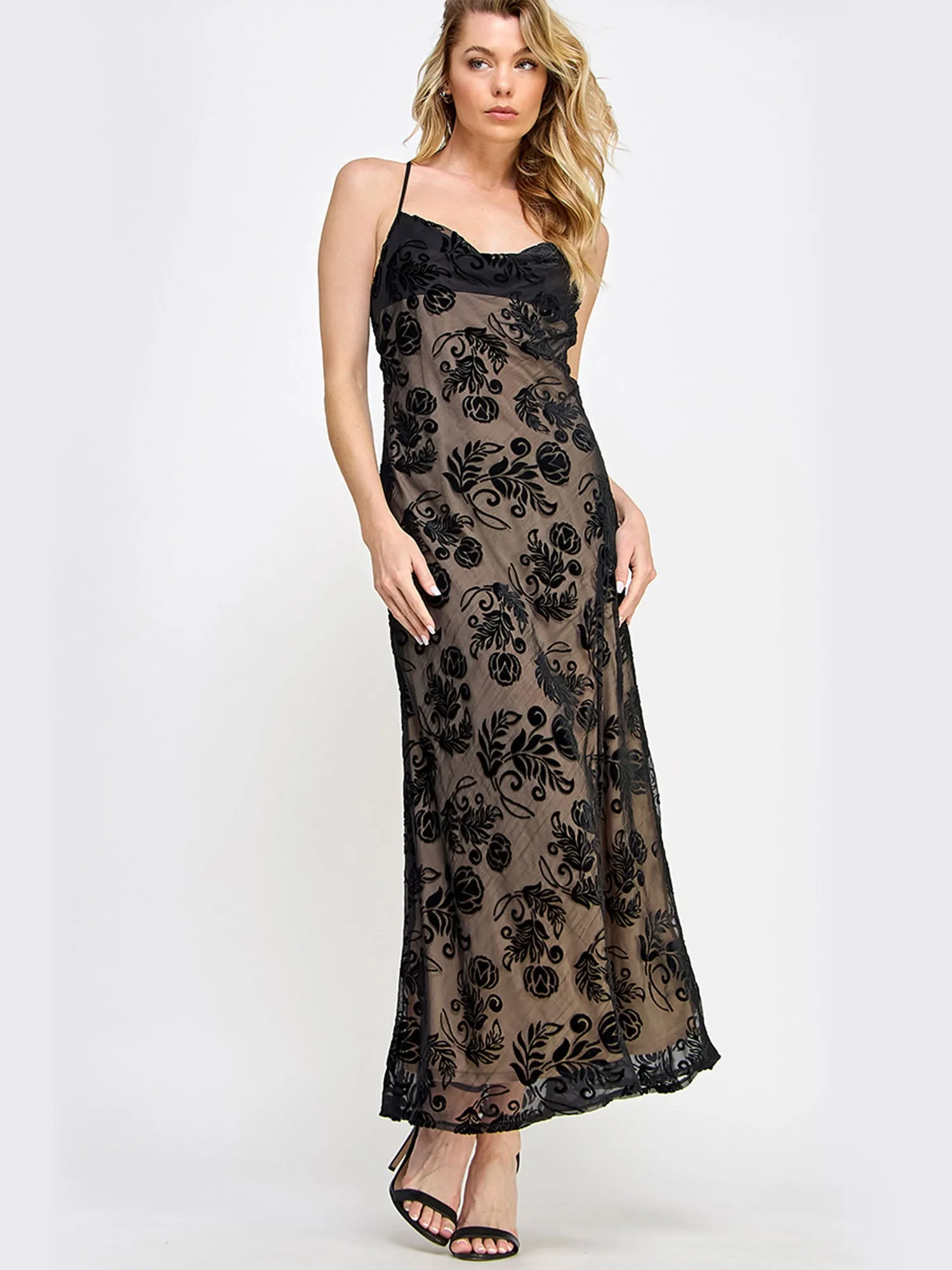 Sleeveless Floral Burnout Velvet Maxi Dress