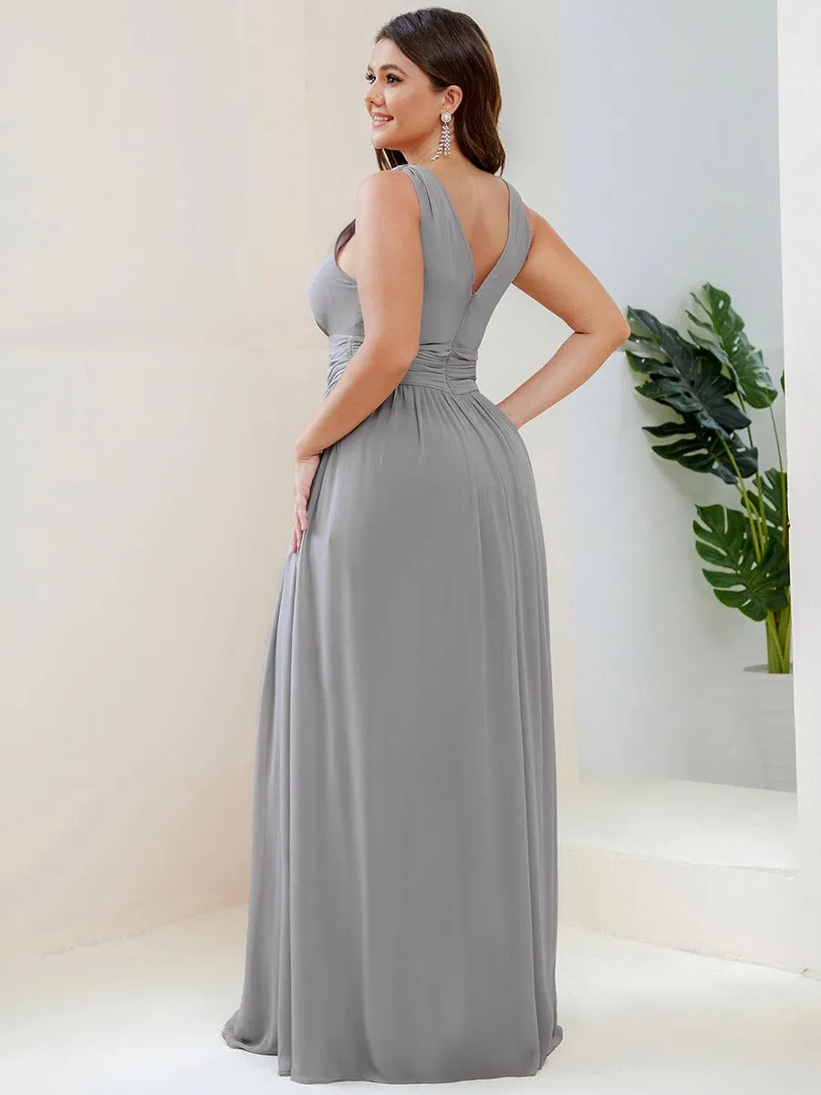 Sleeveless V-Neck Plain Chiffon Maxi Bridesmaid Dress