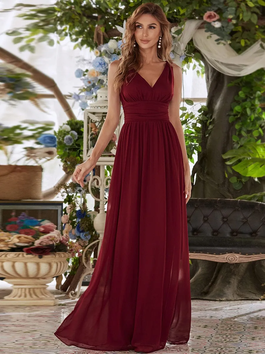 Sleeveless V-Neck Plain Chiffon Maxi Bridesmaid Dress