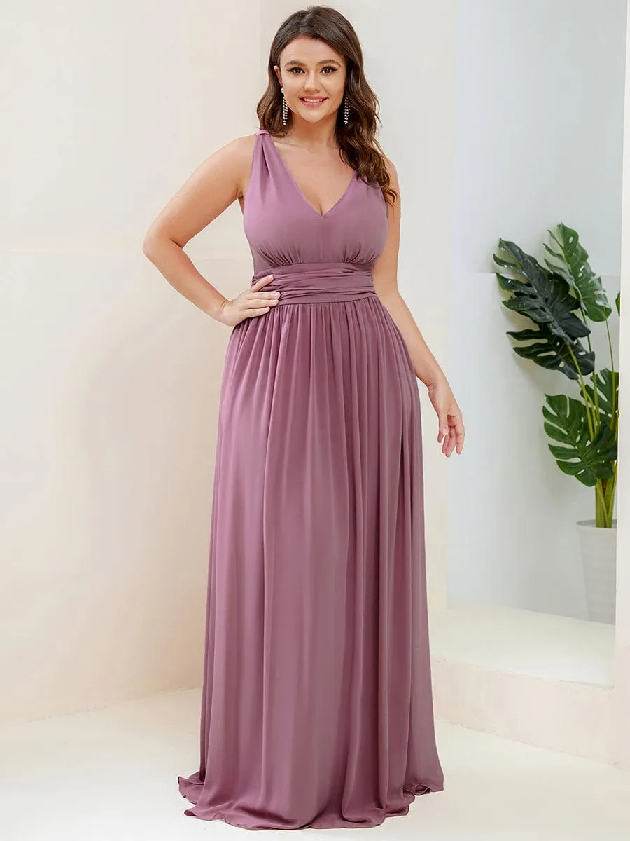 Sleeveless V-Neck Plain Chiffon Maxi Bridesmaid Dress