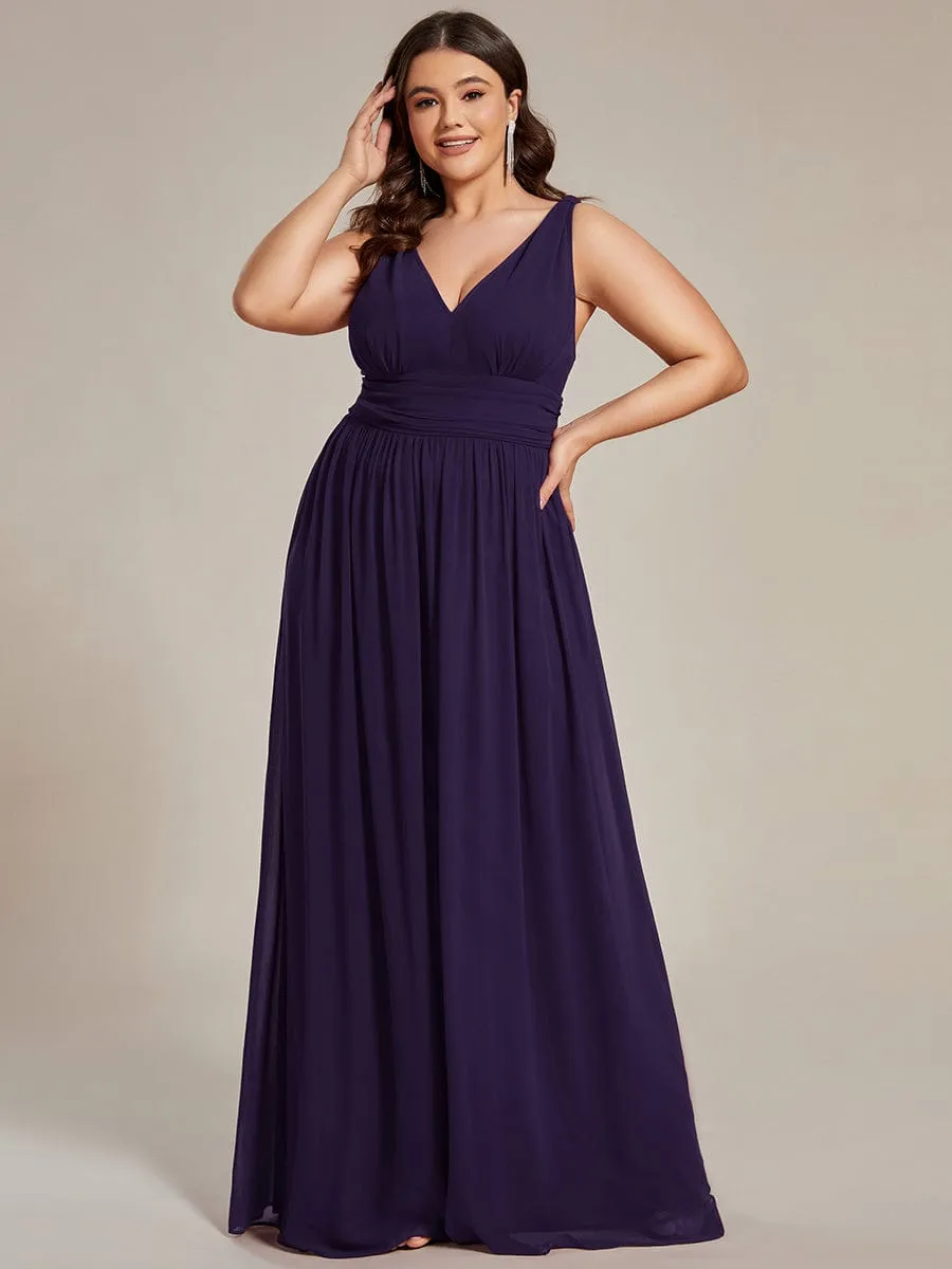 Sleeveless V-Neck Plain Chiffon Maxi Bridesmaid Dress