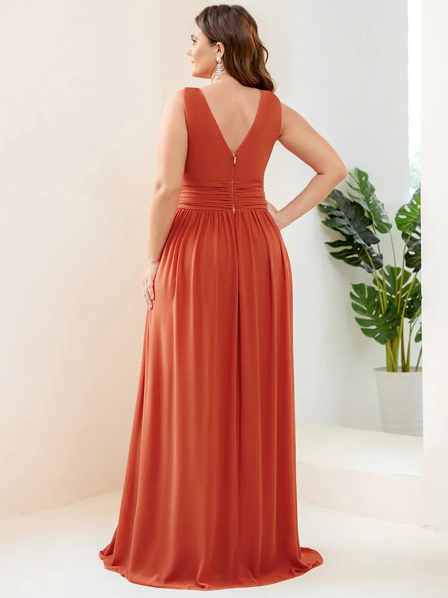 Sleeveless V-Neck Plain Chiffon Maxi Bridesmaid Dress