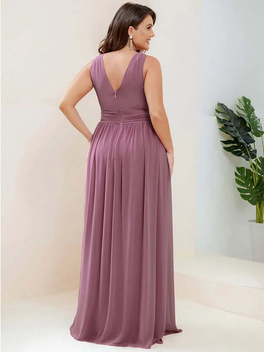 Sleeveless V-Neck Plain Chiffon Maxi Bridesmaid Dress