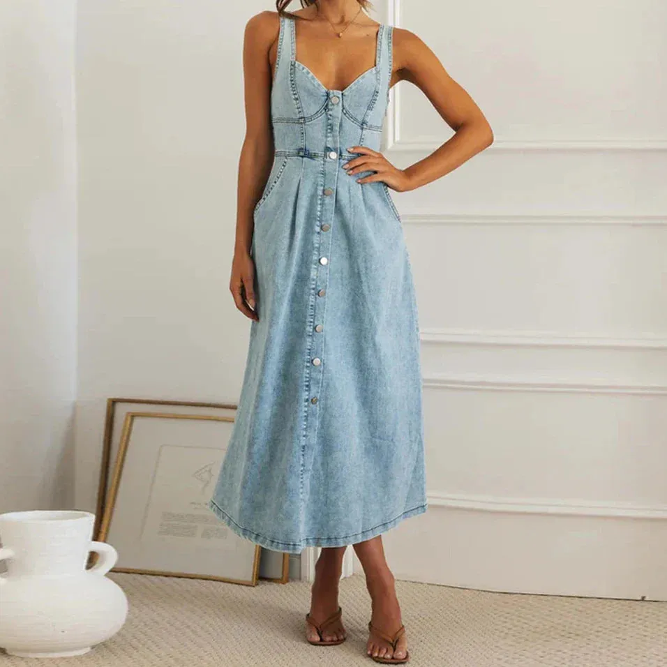 Summer Essentials Sweetheart Midi Dress in Denim