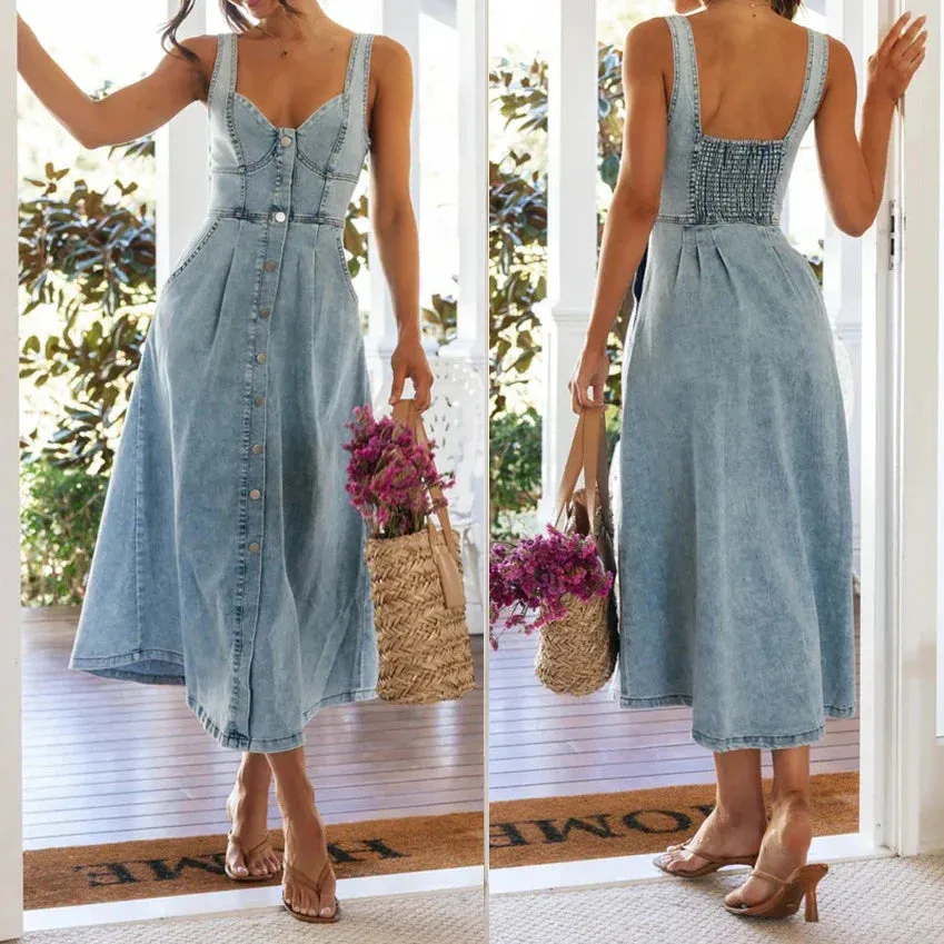 Summer Essentials Sweetheart Midi Dress in Denim