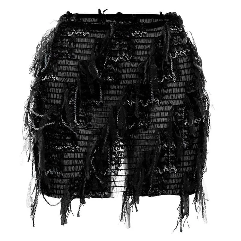 Tassels hollow out see through contrast cut out mini skirt