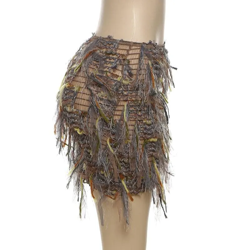 Tassels hollow out see through contrast cut out mini skirt