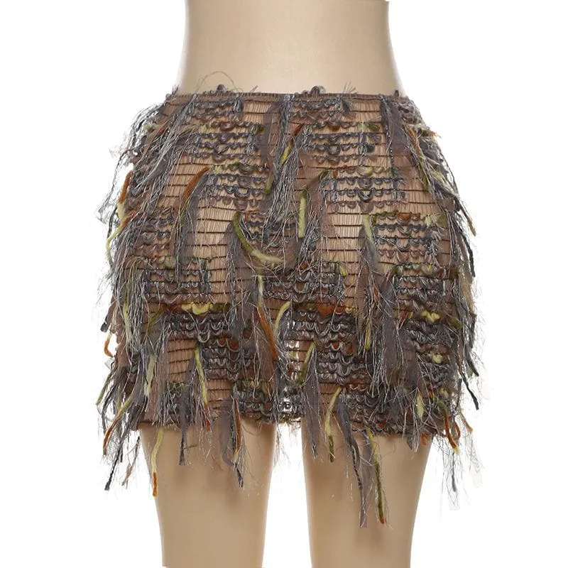 Tassels hollow out see through contrast cut out mini skirt