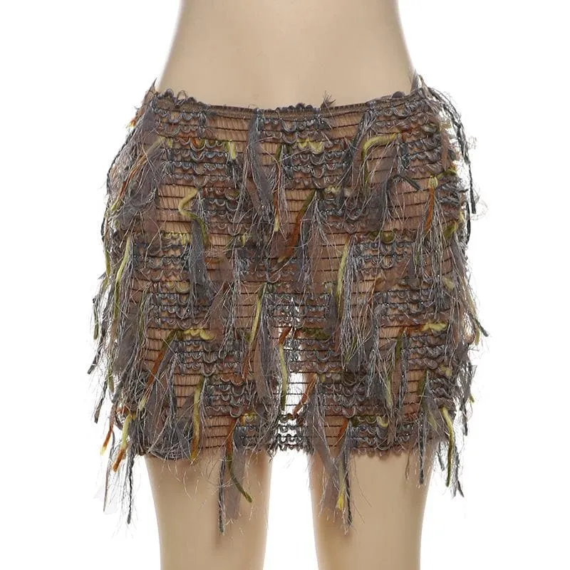 Tassels hollow out see through contrast cut out mini skirt