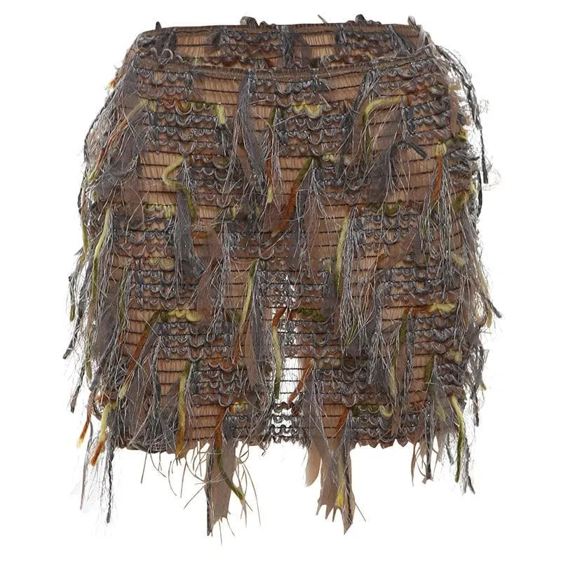 Tassels hollow out see through contrast cut out mini skirt