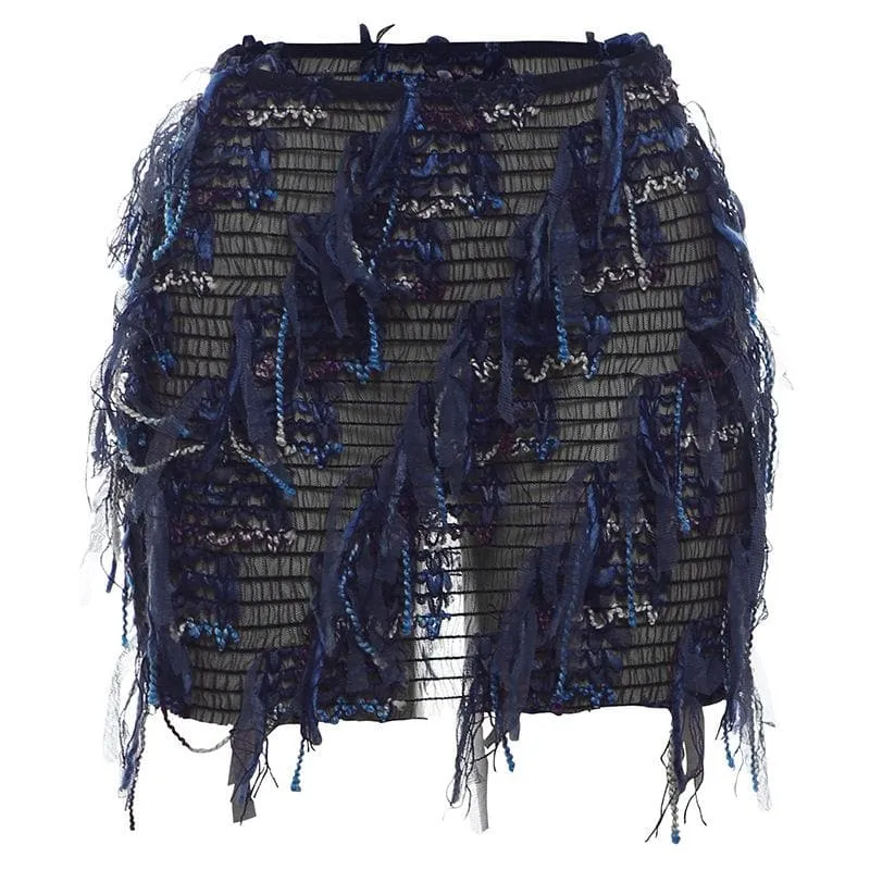 Tassels hollow out see through contrast cut out mini skirt