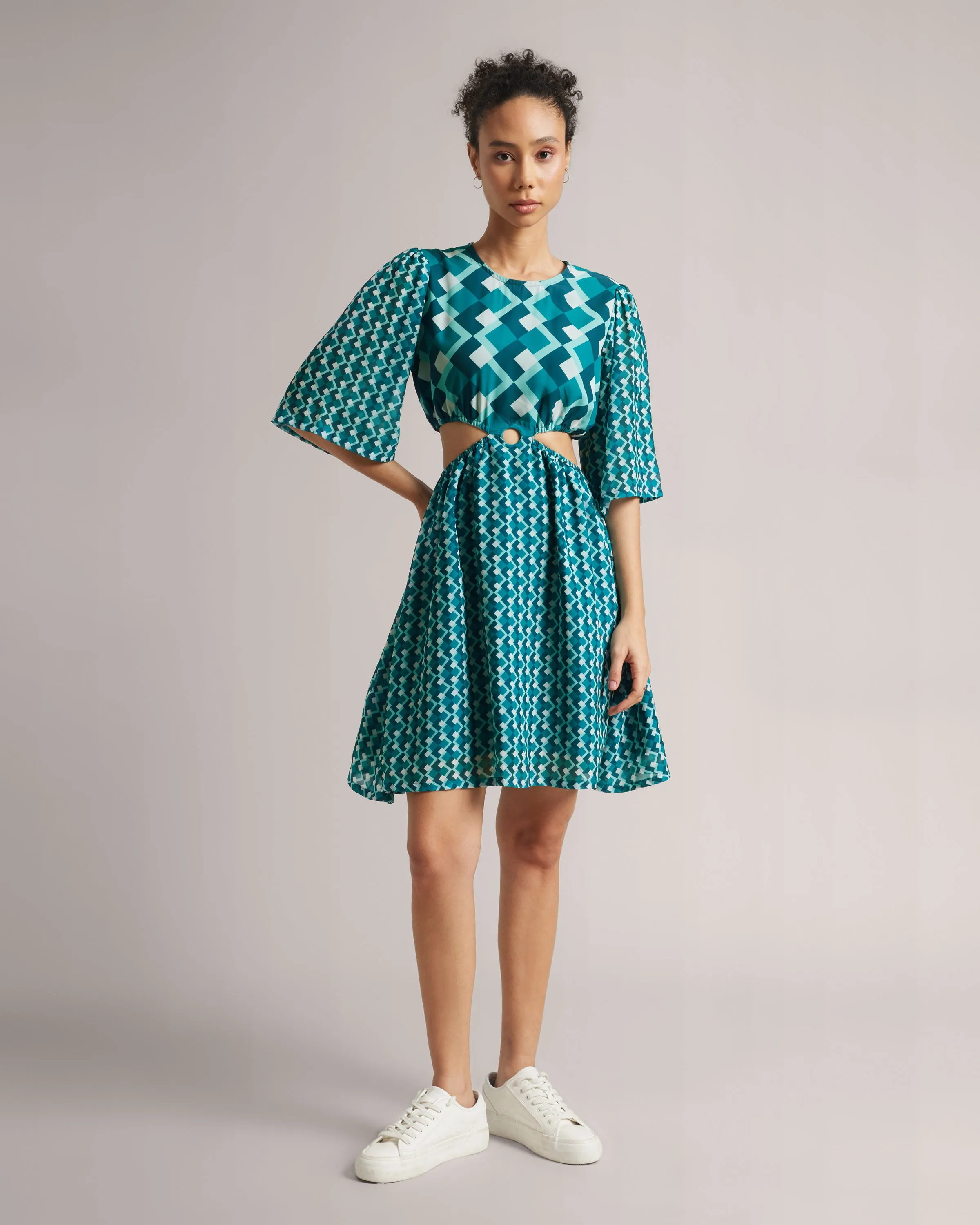 Teal Blue Georgette Geometric Print Cut-Out Midi Dress