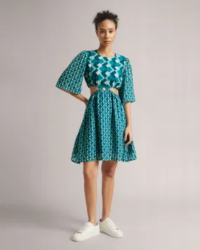 Teal Blue Georgette Geometric Print Cut-Out Midi Dress