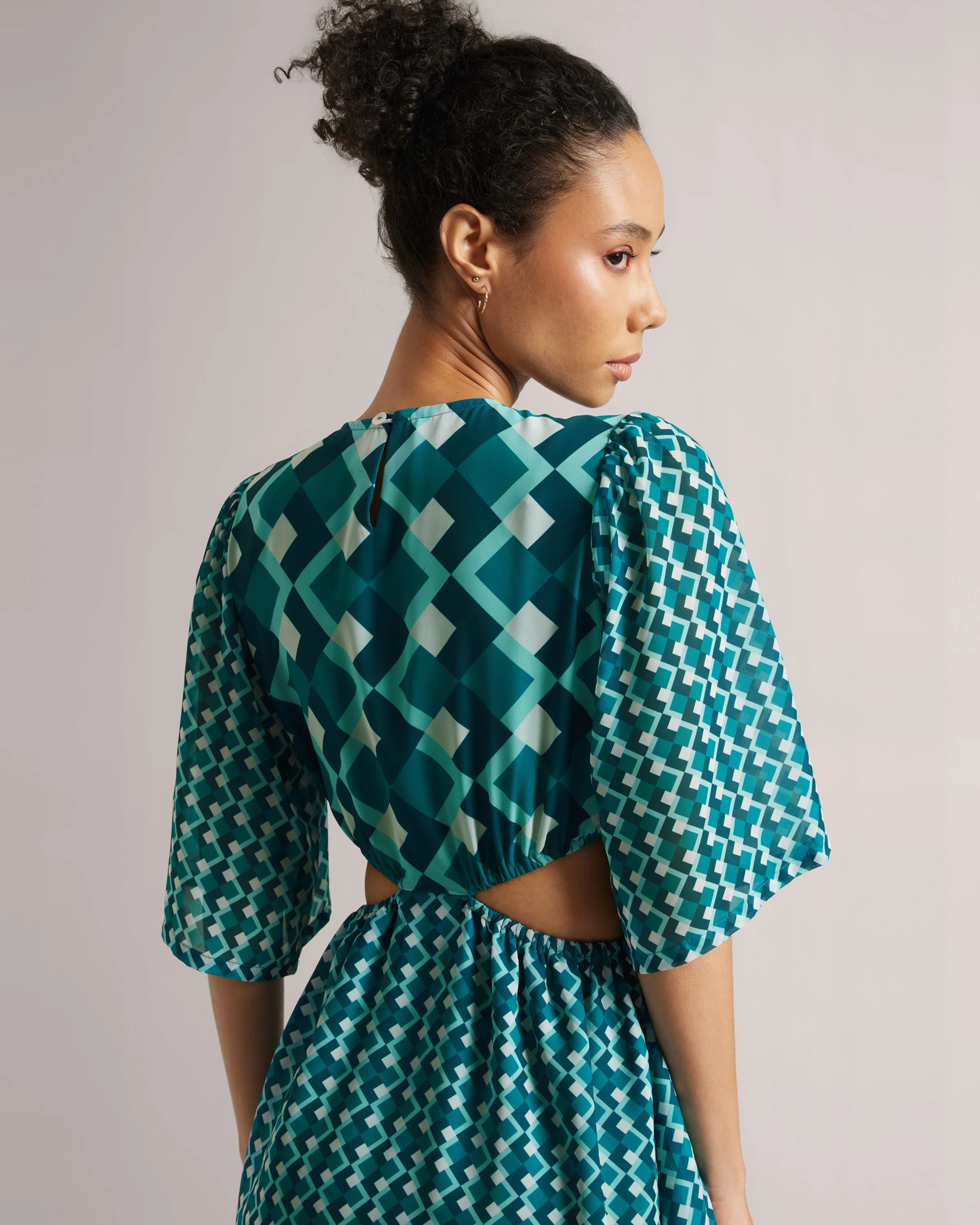 Teal Blue Georgette Geometric Print Cut-Out Midi Dress